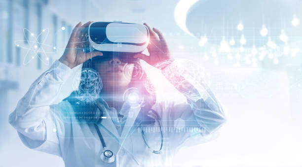 medical technology concept. mixed media. female doctor wearing virtual reality glasses. checking brain testing result with simulator interface, innovative technology in science and medicine. - vr glasses imagens e fotografias de stock