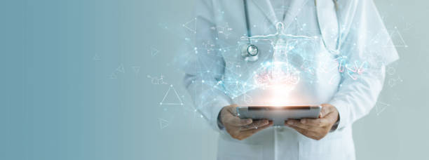 Medicine doctor holding electronic medical record on tablet, Brain testing result, DNA, Digital healthcare and network connection on hologram interface, Science, Medical technology and networking. Medicine doctor holding electronic medical record on tablet, Brain testing result, DNA, Digital healthcare and network connection on hologram interface, Science, Medical technology and networking. medical technology stock pictures, royalty-free photos & images