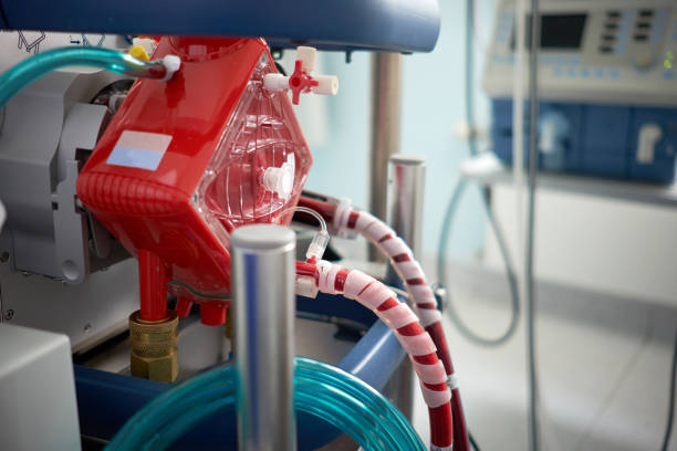 Medicine. Extracorporeal membrane oxygenation. Working ecmo machine in intensive care department. Closeup oxygenator of ECMO. stock photo