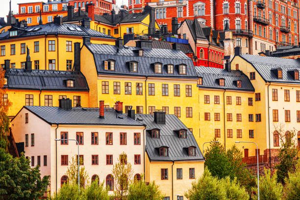 medieval architecture in stockholm, sweden. colorful houses of the old town architecture in sodermalm district. - summer stockholm bildbanksfoton och bilder
