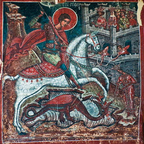 Medieval depiction of St George slaying a dragon Byzantine style fresco (1537), Humor Monastery Church (Bucovina, Romania) dragon photos stock pictures, royalty-free photos & images