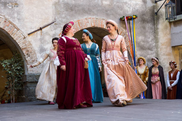 Medieval historical dancers on historical Court Yard, Gorizia, Italy stock photo