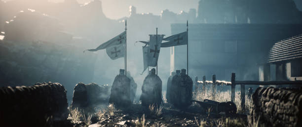 medieval knights passing through the village. cinematic concept. stock photo