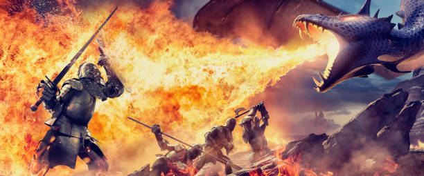 Medieval Knights With Weapons Attacked By Fire Breathing Dragon A composite image of four medieval knights in suits of armour being attacked by a fire breathing dragon in rocky terrain. The closest knight is holding up a sword and shield to protect against the dragons flames. The other three knights are standing or kneeling, each holding different weapons. battle stock pictures, royalty-free photos & images