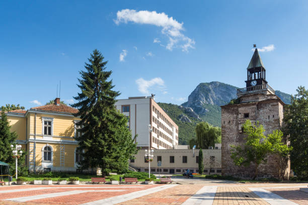 Medieval Meshchiite Tower at the center of town of Vratsa, Bulgaria stock photo