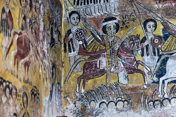 Medieval painting in church Abreha wa Atsbaha, Gheralta region, Tigray, Ethiopia Commander Neburaed Tedla mounting a brown horse going into battle against the Egyptians, canvas painting in the orthodox church Abreha wa Atsbaha, Gheralta region, Tigray, Ethiopia coptic stock pictures, royalty-free photos & images