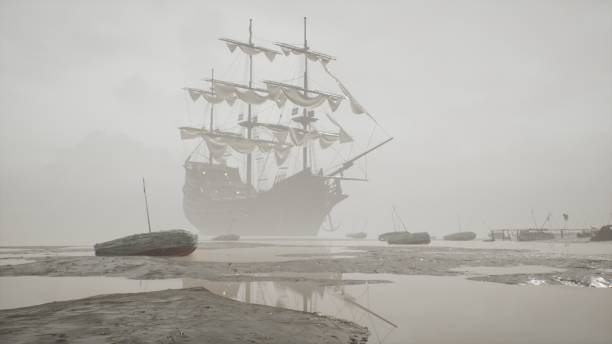 A medieval ship docked near a misty shore. The concept of maritime adventure in the Middle Ages. The image is ideal for historical, educational, pirate and adventure backgrounds. 3D rendering stock photo