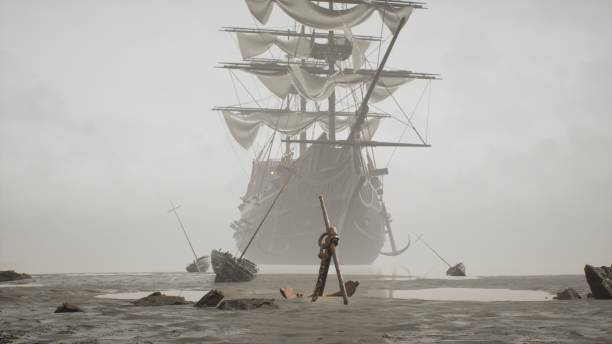 A medieval ship docked near a misty shore. The concept of maritime adventure in the Middle Ages. The image is ideal for historical, educational, pirate and adventure backgrounds. 3D rendering stock photo
