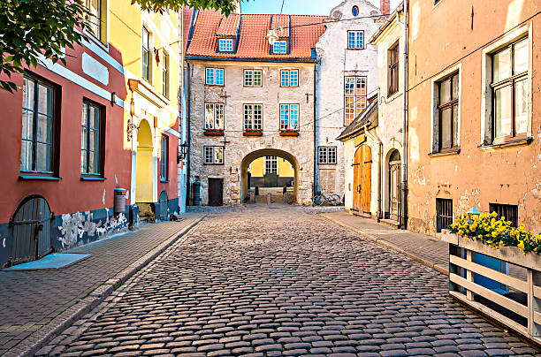Medieval street in old Riga city, Latvia stock photo