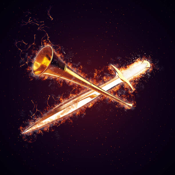 Medieval Sword and Trumpet Background Battle Fire Action Background armour of god stock pictures, royalty-free photos & images