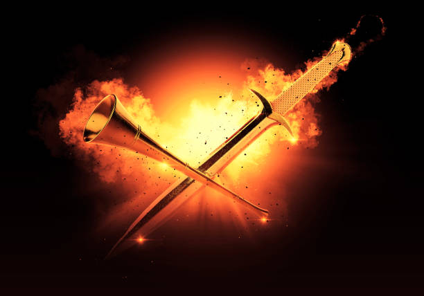 Medieval Sword and Trumpet Fire Action Background Battle Fire Action Background armour of god stock pictures, royalty-free photos & images