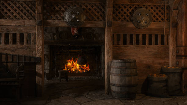 Medieval tavern interior with cooking pot on an open fire, large barrel and sacks of potatoes. 3D illustration. stock photo
