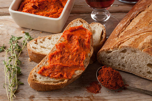 Mediterranean spicy meat spread with paprika. stock photo