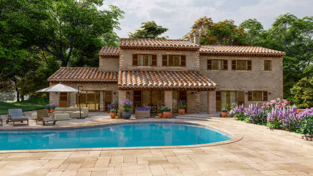 Mediterranean style villa with pool and garden stock photo
