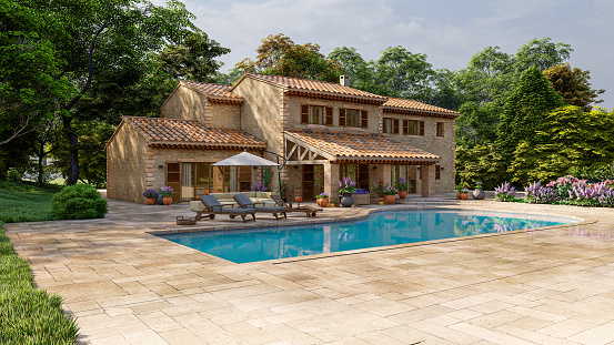3D rendering of a Mediterranean style villa with pool and garden
