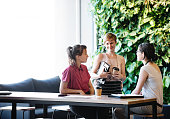 Group of women meeting around the tables and couches of a trendy office building with a vertical green garden wall
