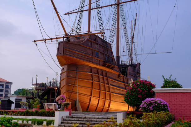 Melaka city Maritime Museum with old wooden ship, Malaysia stock photo