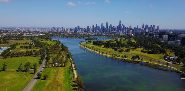 Melbourne city and Albert Park Lake stock photo