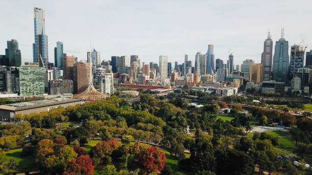 Melbourne city skyline in autumn stock photo