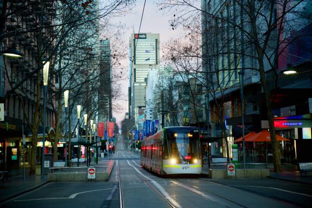Melbourne in lockdown - empty streets in the CBD during covid-19 pandemic stock photo