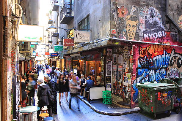 Melbourne lane culture Melbourne Australia- August 31,2013: Locals and tourist enjoying dining on Centre Place Melbourne CBD Australia melbourne street stock pictures, royalty-free photos & images