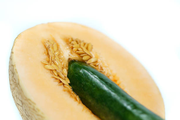 melon-and-cucumber-on-white-background-sex-concept-isolated-picture-id1222136820