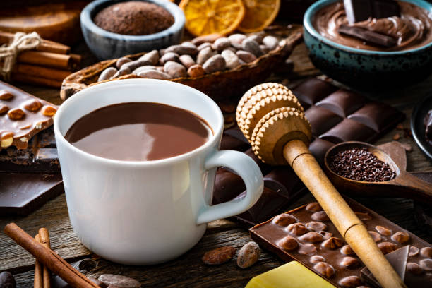 melted chocolate cup and cocoa beans and pod with assorted chocolate - hot chocolate imagens e fotografias de stock