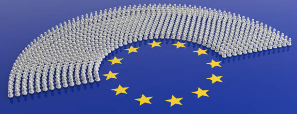 membres du parlement européen comme pions d'échecs sur le drapeau de l'union européenne. illustration 3d - parlement européen photos et images de collection