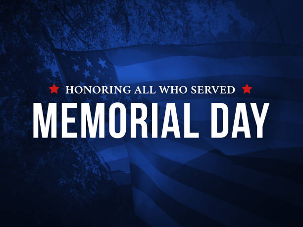 Memorial Day - Honoring All Who Served Holiday Card with Waving American Flag Over Dark Blue Background Memorial Day - Honoring All Who Served Holiday Card with Waving American Flag Over Dark Blue Background Texture memorial day background stock pictures, royalty-free photos & images