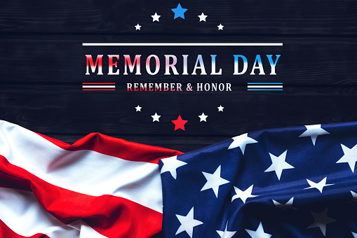 Memorial Day USA greeting card. Remember and Honor. American flag on a black background