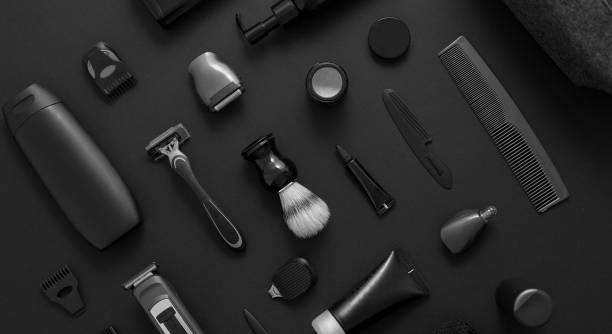Men beauty and health concept. Various shaving and bauty care accessories placed on black background stock photo