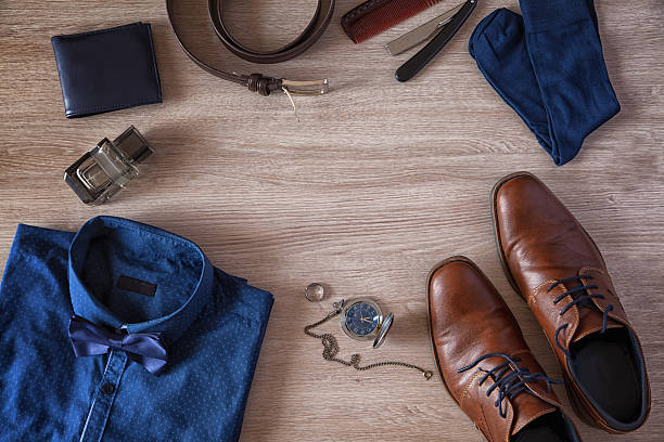 Men's Accessories Men's Accessories Organized On The Table mens fashion stock pictures, royalty-free photos & images