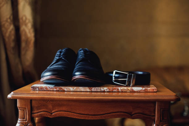 Men's accessories with luxury shoes. Top view stock photo