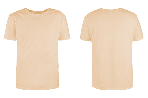 Men's beige blank T-shirt template,from two sides, natural shape on invisible mannequin, for your design mockup for print, isolated on white background.