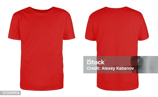 istock Men's red blank T-shirt template,from two sides, natural shape on invisible mannequin, for your design mockup for print, isolated on white background. 1172559976