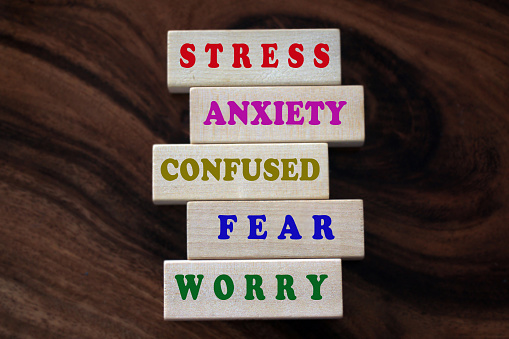Colorful negative single word list on wooden blocks. Master your mind concept from stress, anxiety, confused, fear, worry and negativity. Mental health awareness concept.