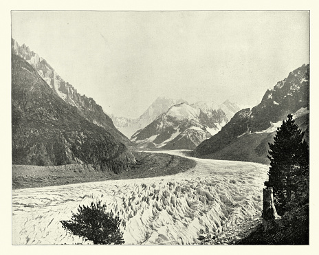 Vintage photograph of Mer de Glace (Sea of Ice) is a valley glacier located on the northern slopes of the Mont Blanc massif, in the French Alps, 19th Century