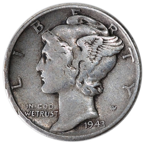 Mercury Head Dime From 1943 A close up of a 1943 Mercury Head Liberty Dime. dime stock pictures, royalty-free photos & images