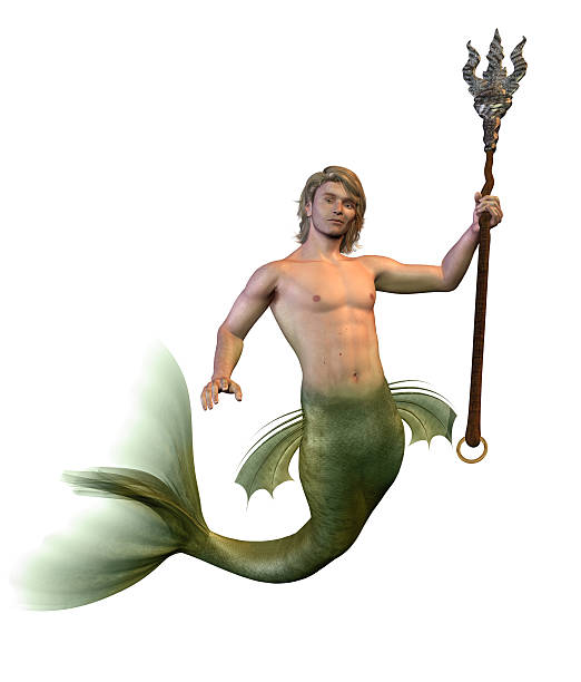 Merman with Trident 3D render of a merman holding a trident. merman stock pictures, royalty-free photos & images