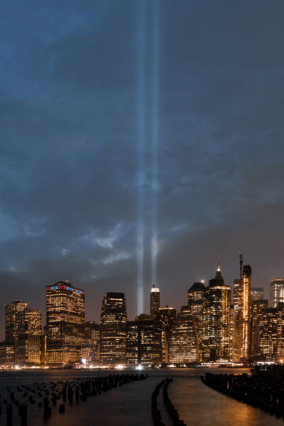 9/11 Mermorial in New York City, United States A view on the two lights in remembrance of 9/11 and the twin towers. 911 new york stock pictures, royalty-free photos & images