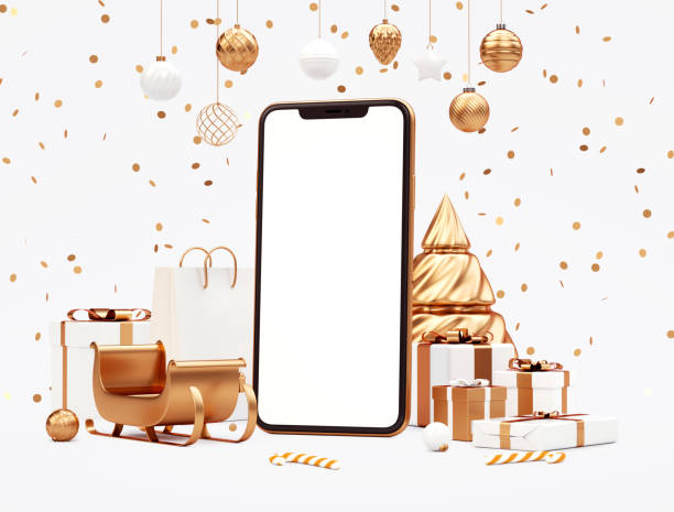 Merry Christmas elegant banner with mobile phone blank screen mockup and golden stuff on a white background in 3D rendering. Promotional Xmas marketing and online shopping concept. stock photo