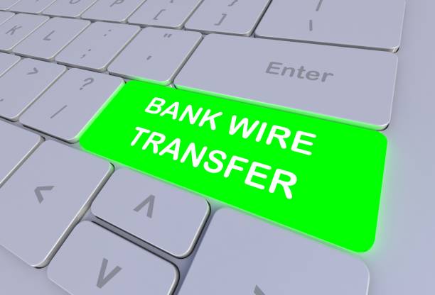 BANK WIRE TRANSFER, message on keyboard, 3D rendering stock photo