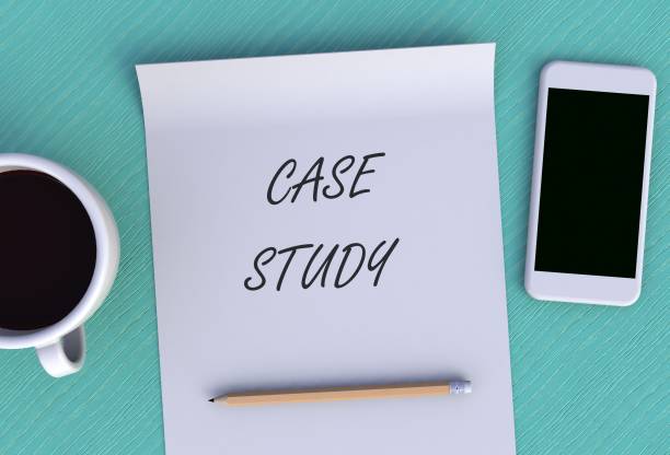 CASE STUDY, message on paper, smart phone and coffee on table, 3D rendering stock photo