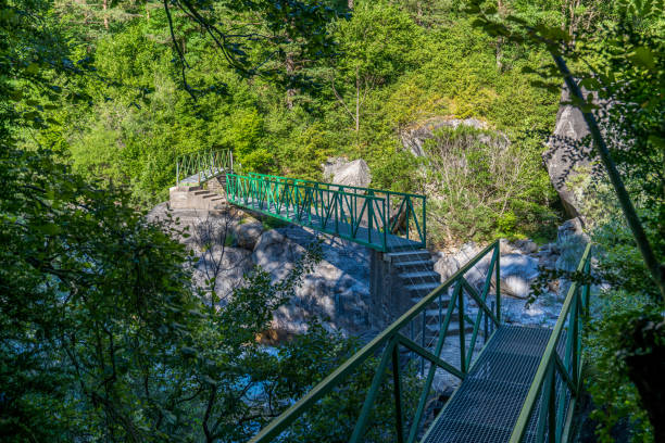 Metal bridge over the Ara River in Ordesa and Monte Perdido National Park. stock photo