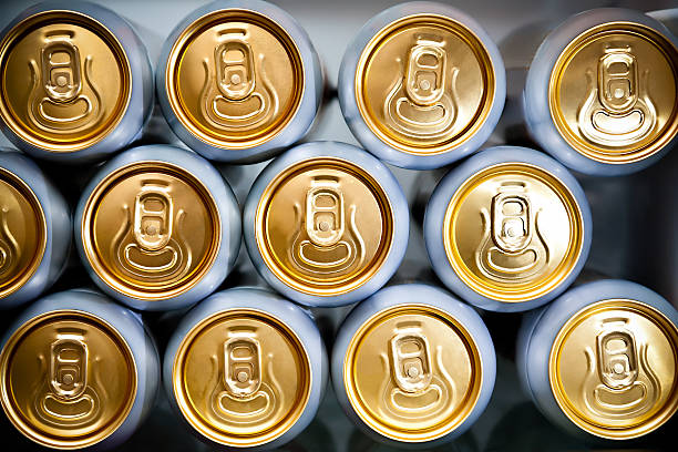 metal cans with refreshing drinks stock photo