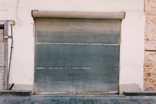 metal garage door, architecture of building exterior stock photo
