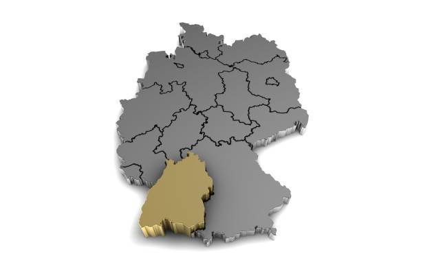Metal germany map, with Baden-Wurttemberg region, highlighted in gold.3d render Metal germany map, with Baden-Wurttemberg region, highlighted in gold.3d render baden württemberg stock pictures, royalty-free photos & images