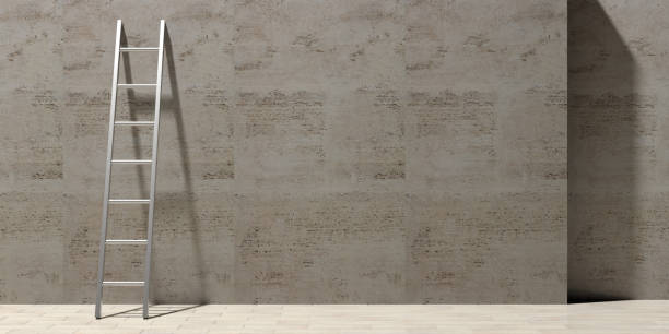 scala metallica appoggiata a un muro di pietra, copia lo spazio. illustrazione 3d - scale foto e immagini stock
