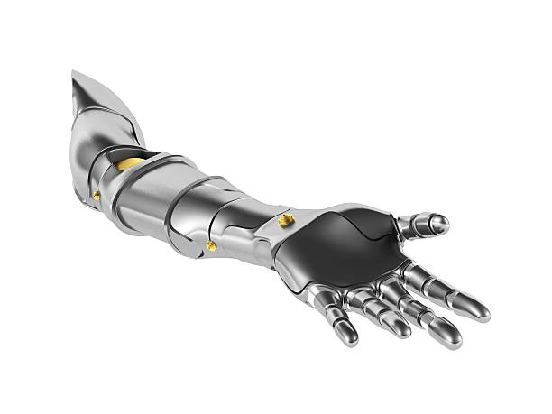металлические роботизированная рука изолированные на белом фоне - robot hand white background стоковые фото и изображения