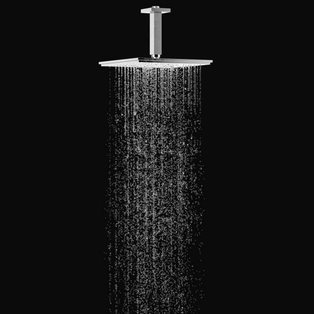 doccia in metallo con acqua su sfondo nero. rendering 3d - doccia foto e immagini stock